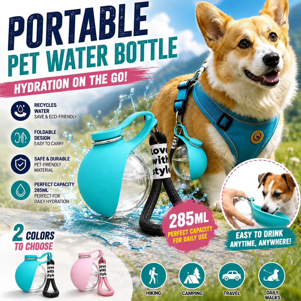 Leak Proof Pet Water Bottle with Foldable Silicone Bowl Portable Dog Water Dispenser for Outdoor Walking Hiking and Travel